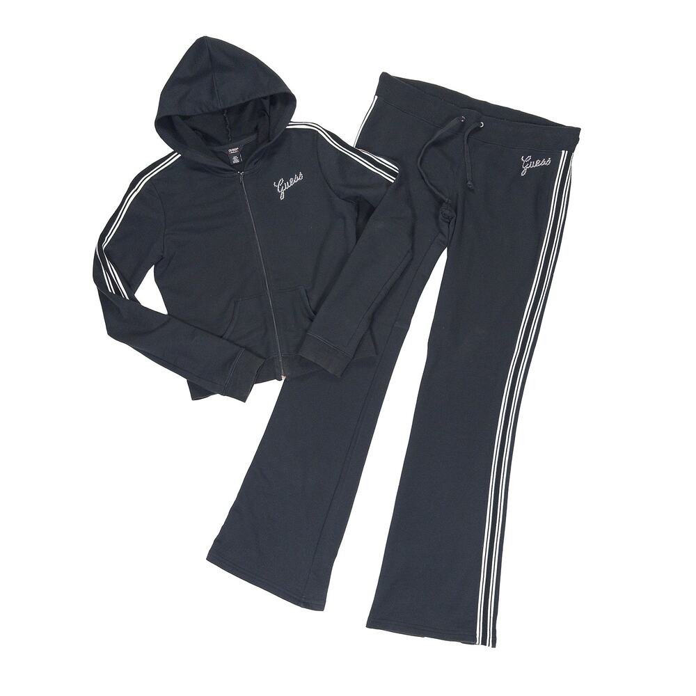 Guess Track Suit Womens M Black Rhinestone Hoodie Low Rise Flare Pants 00s 2010s